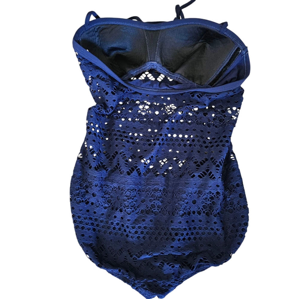 Robin Piccone One Piece Navy Blue Halter Crochet Bathing Swimsuit Size 10 - Picture 2 of 8